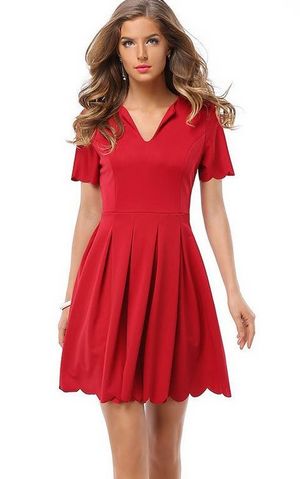 F2497-1 Red Scalloped Hem Zipper Closure Dress